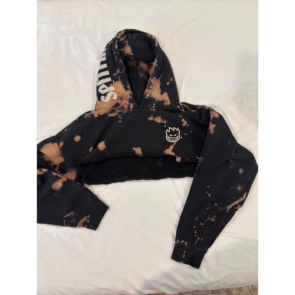 Spitfire Wheels Cropped Bleach Dye Hoodie Black Bighead Logo Pullover Womens